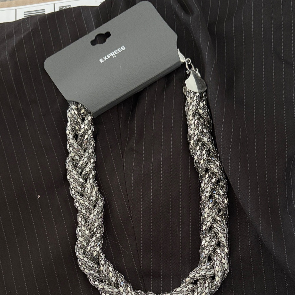 Express Silver Braided Statement Necklace - Sparkle Weave